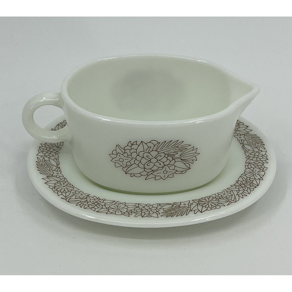 Corning Pyrex Woodland Pattern Gravy Boat with Under Plate USA 77-B 77-U